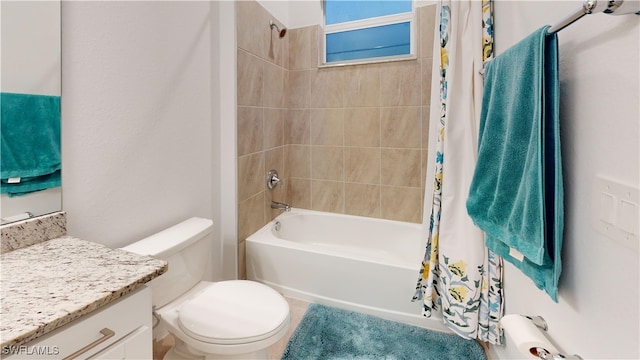 full bathroom with shower / bath combination with curtain, vanity, and toilet