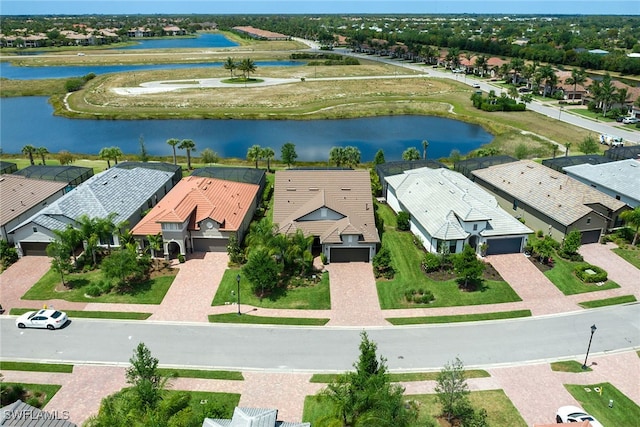 drone / aerial view featuring a water view