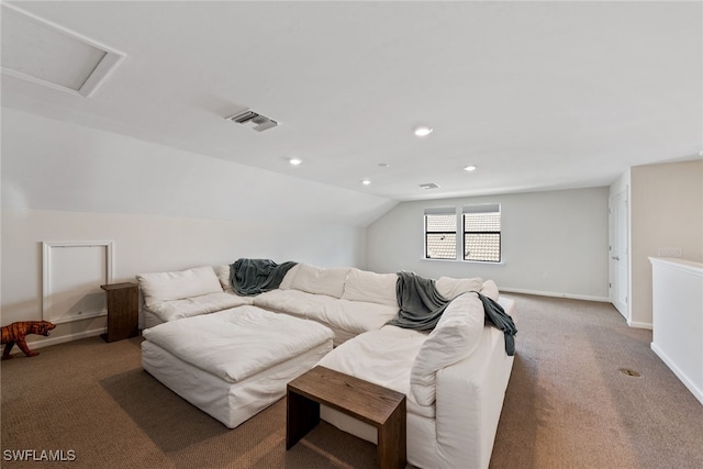 living room with carpet and lofted ceiling