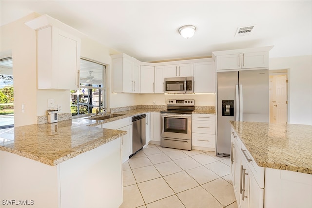 kitchen featuring light stone counters, white cabinetry, appliances with stainless steel finishes, sink, and kitchen peninsula