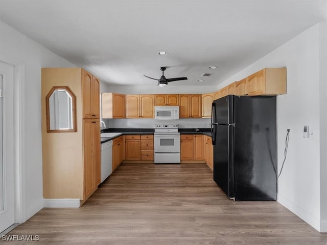 kitchen featuring light wood-type flooring, light brown cabinets, white appliances, and ceiling fan