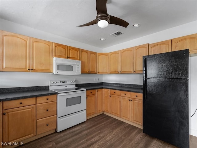 kitchen featuring ceiling fan, light brown cabinets, dark hardwood / wood-style flooring, and white appliances