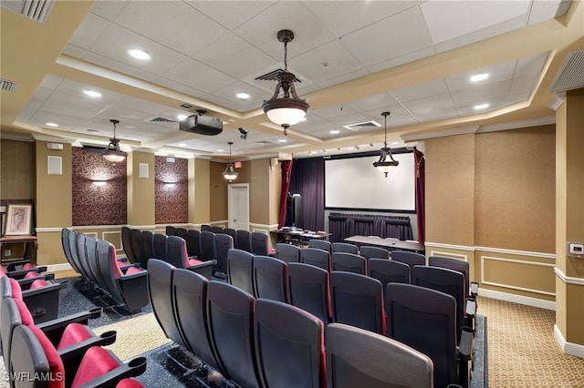 carpeted cinema room featuring a tray ceiling