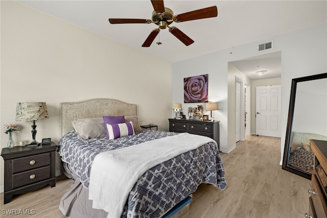 bedroom featuring light hardwood / wood-style floors and ceiling fan