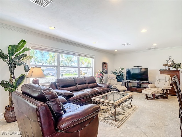 tiled living room with crown molding