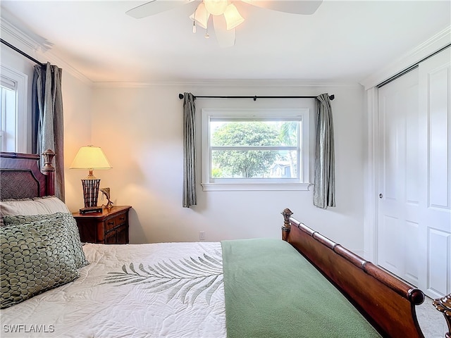 bedroom featuring ceiling fan, a closet, and ornamental molding