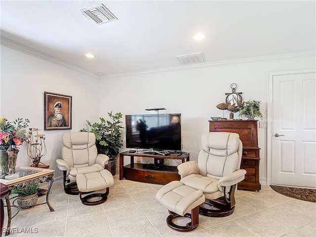 living room featuring crown molding and light tile patterned flooring