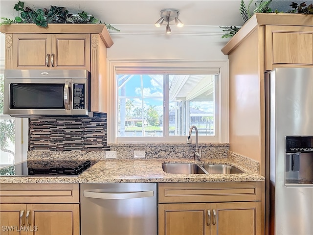 kitchen with decorative backsplash, light brown cabinets, stainless steel appliances, crown molding, and sink