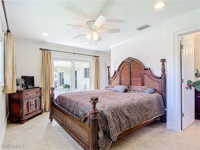 tiled bedroom with ceiling fan, ornamental molding, and access to outside