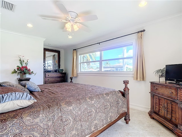 bedroom featuring ceiling fan, light tile patterned floors, and crown molding