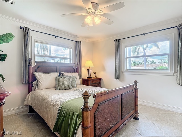 bedroom featuring ceiling fan, light tile patterned flooring, crown molding, and multiple windows