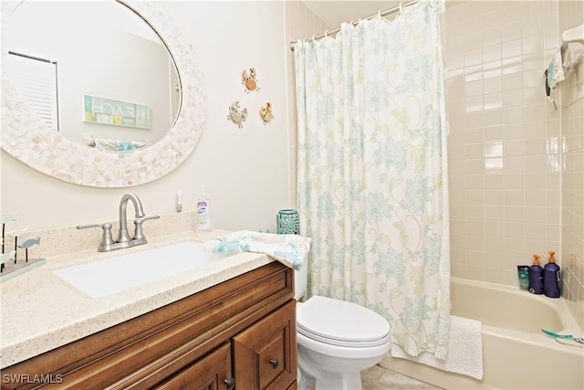 full bathroom with shower / bath combination with curtain, vanity, and toilet