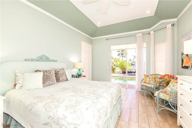 bedroom with access to outside, ceiling fan, crown molding, and vaulted ceiling