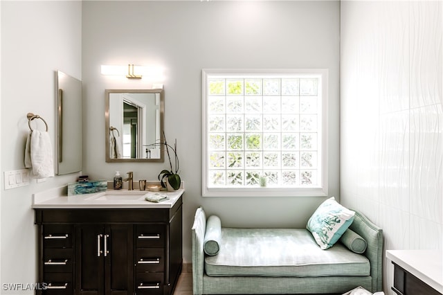 bathroom with vanity and tile walls