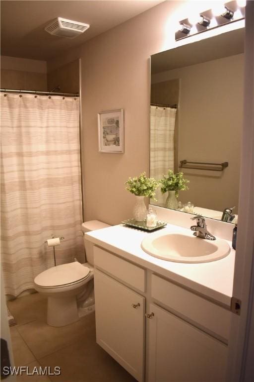 full bath with tile patterned floors, toilet, visible vents, and vanity