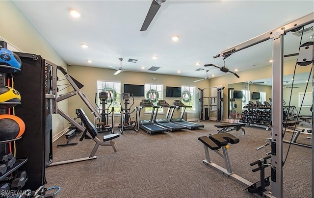 workout area with recessed lighting, a ceiling fan, visible vents, carpet, and baseboards