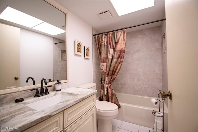 full bathroom with shower / bathtub combination with curtain, tile patterned flooring, vanity, and toilet