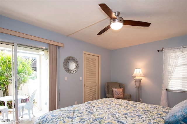 bedroom with access to outside, ceiling fan, and a closet