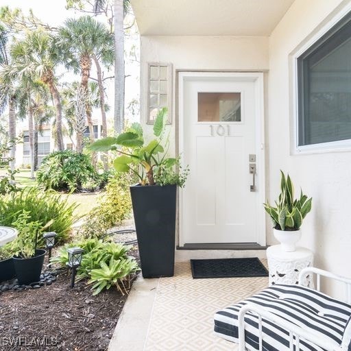 entrance to property featuring stucco siding
