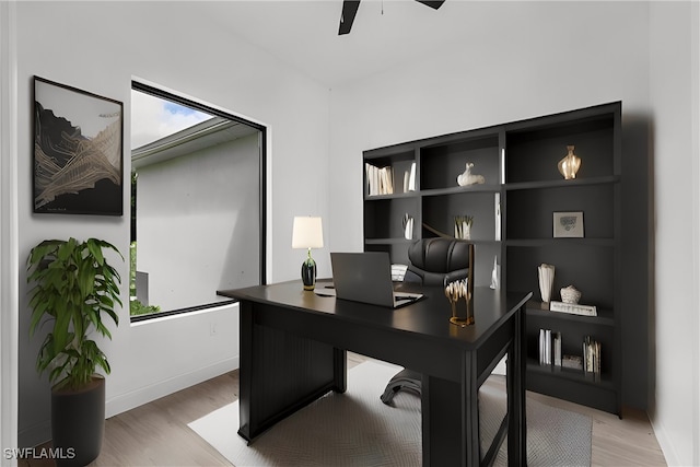 office space featuring ceiling fan and wood-type flooring