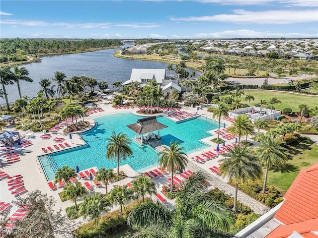 bird's eye view with a water view