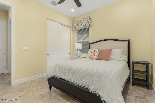 bedroom featuring ceiling fan and a closet