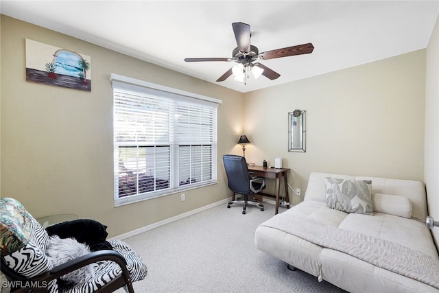 bedroom with ceiling fan and carpet flooring