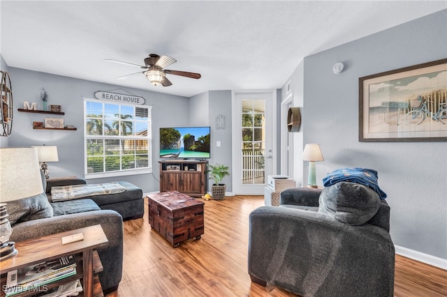 living room with ceiling fan and hardwood / wood-style floors