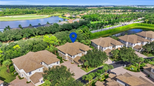 drone / aerial view featuring a water view