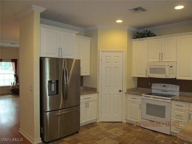 kitchen featuring crown molding, white appliances, white cabinetry, and dark wood-type flooring