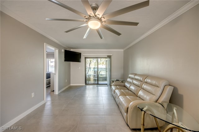 living room with crown molding, light tile patterned floors, and ceiling fan