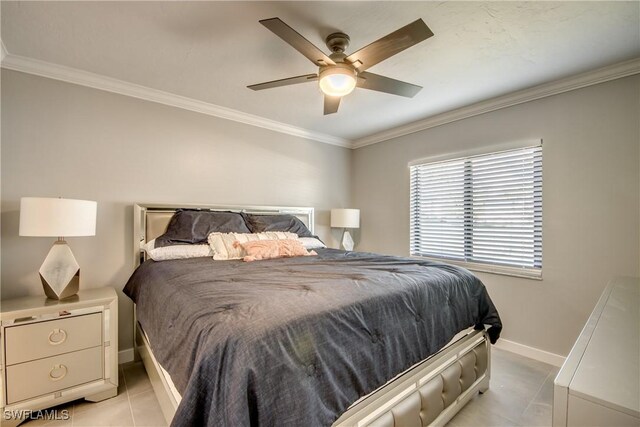 bedroom featuring ornamental molding, ceiling fan, and light tile patterned flooring