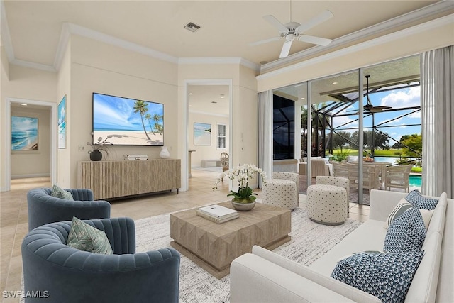 living room featuring crown molding, light tile patterned floors, and ceiling fan