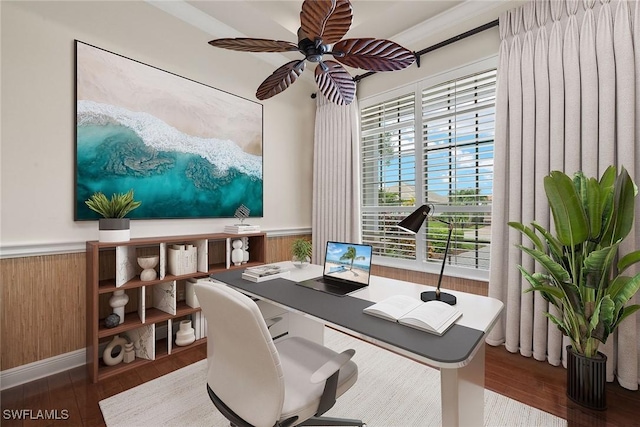 office featuring hardwood / wood-style flooring, wooden walls, and ceiling fan