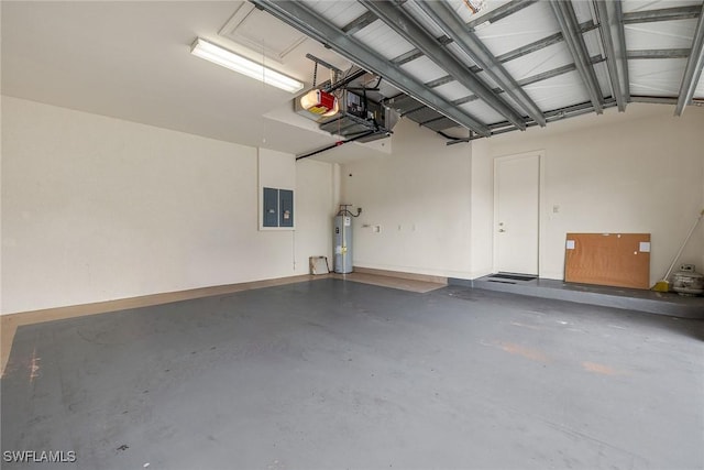 garage with a garage door opener, electric water heater, and electric panel