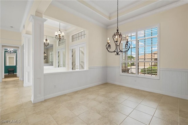 unfurnished dining area featuring light tile patterned floors, crown molding, decorative columns, a notable chandelier, and a raised ceiling