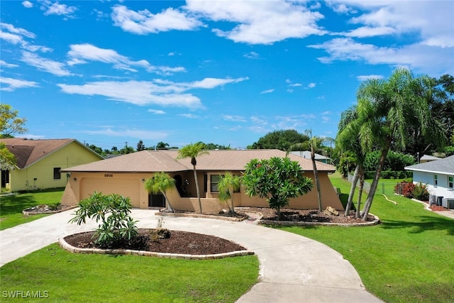 ranch-style house with a front yard and a garage