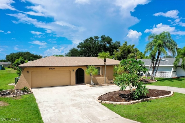 ranch-style house with a front lawn and a garage