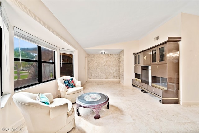 living area featuring vaulted ceiling