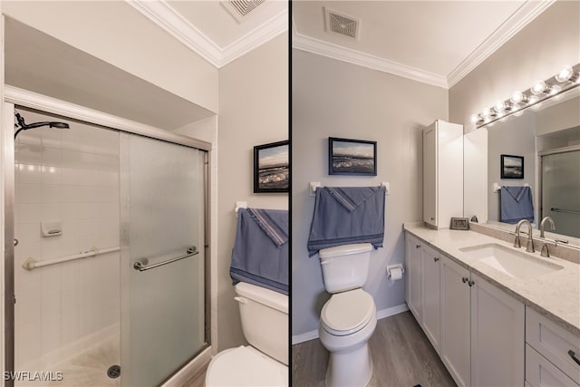 bathroom featuring visible vents, toilet, a stall shower, ornamental molding, and wood finished floors