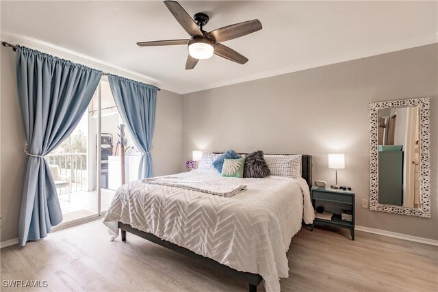 bedroom featuring baseboards, light wood finished floors, ceiling fan, access to exterior, and crown molding