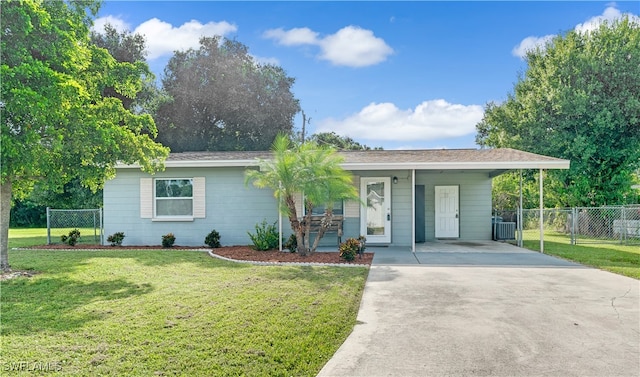 single story home with a front lawn, covered porch, and a carport