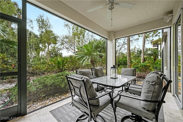 sunroom featuring ceiling fan