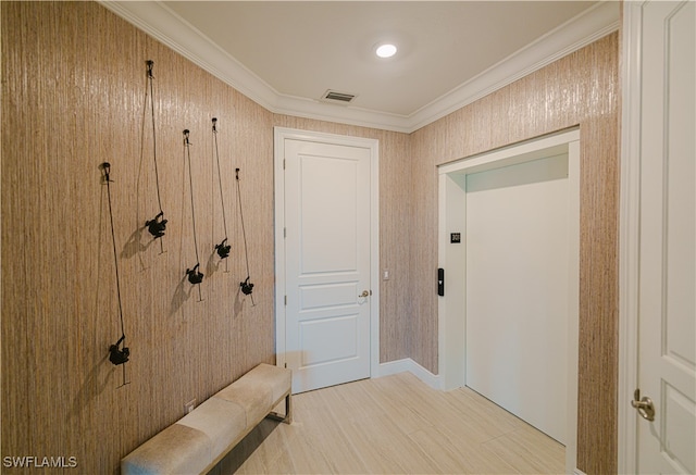 corridor featuring elevator and ornamental molding