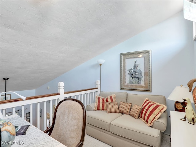 carpeted home office featuring a textured ceiling and lofted ceiling