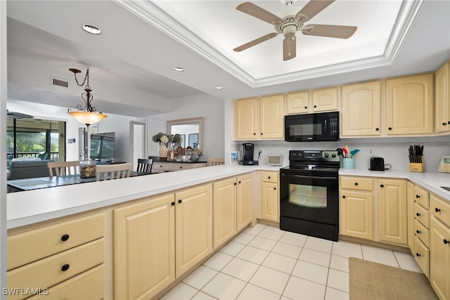 kitchen featuring ceiling fan, light tile patterned flooring, a tray ceiling, and black appliances