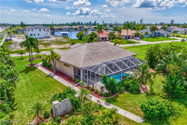 bird's eye view with a water view