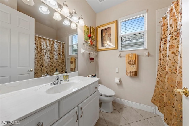 full bath with baseboards, curtained shower, toilet, vanity, and tile patterned flooring