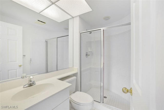 full bath with visible vents, toilet, a stall shower, and vanity
