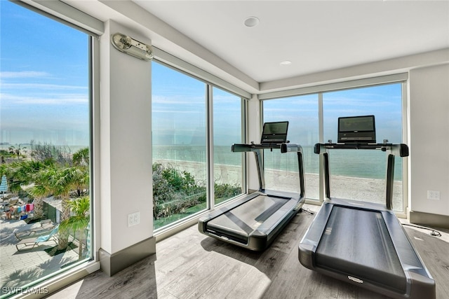 exercise room with plenty of natural light, a water view, and wood finished floors